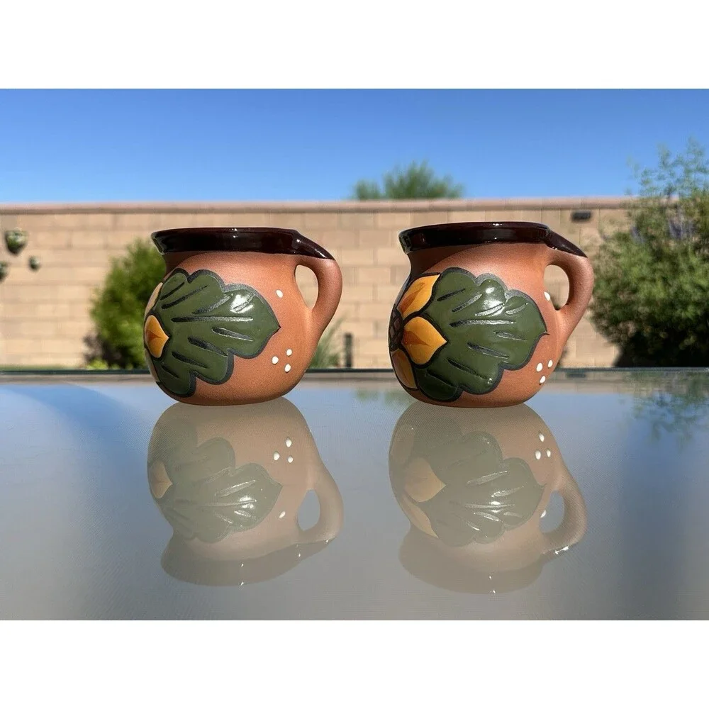 2 Mexican Clay Pottery Coffee Mug Hand Painted Jarrito Barro Sunflower Glaze
